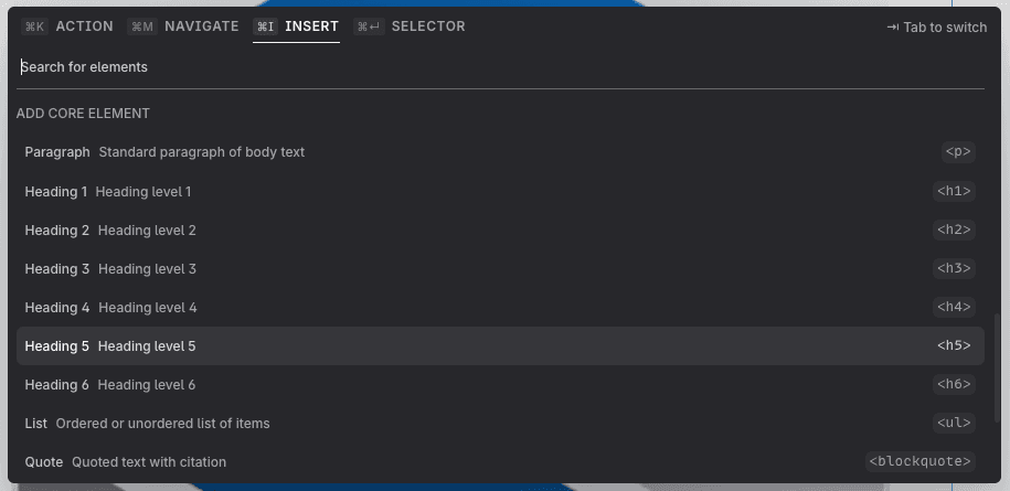 Inserter dialog showing core elements