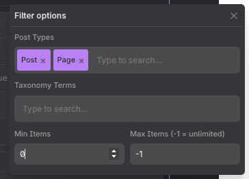 Post selector with filter options
