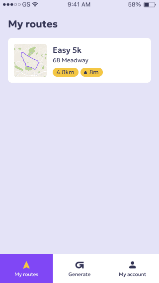 Generoute saved routes list showing an Easy 5k loop