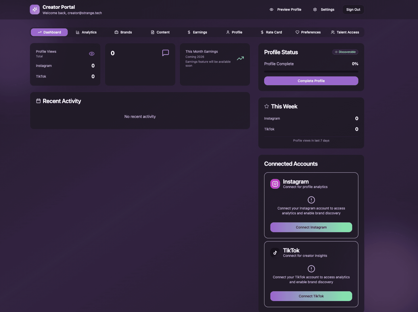 Creator portal dashboard with profile views, profile status and Instagram and TikTok account connections