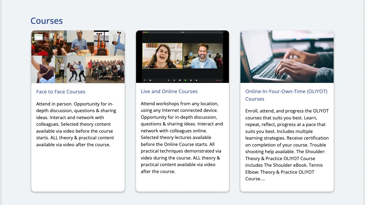 Courses section listing face-to-face, live online and online-in-your-own-time courses