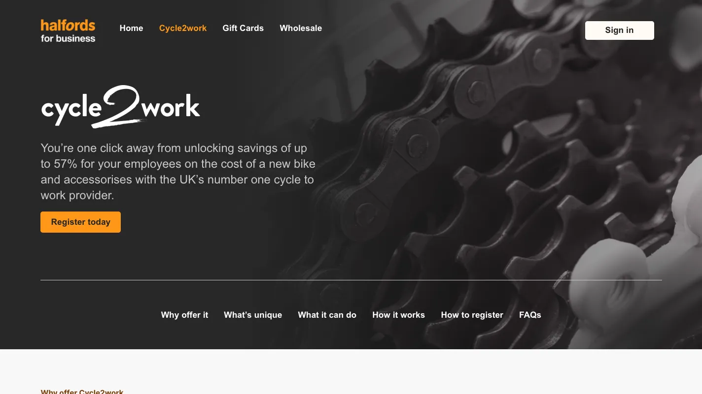 Halfords for Business Cycle2work page with a register button for employers