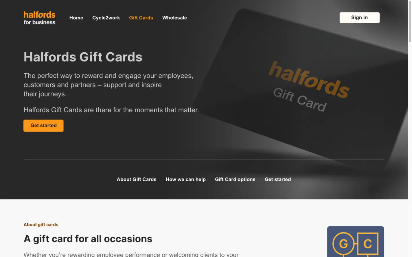 Halfords for Business gift cards page for rewarding employees, customers and partners