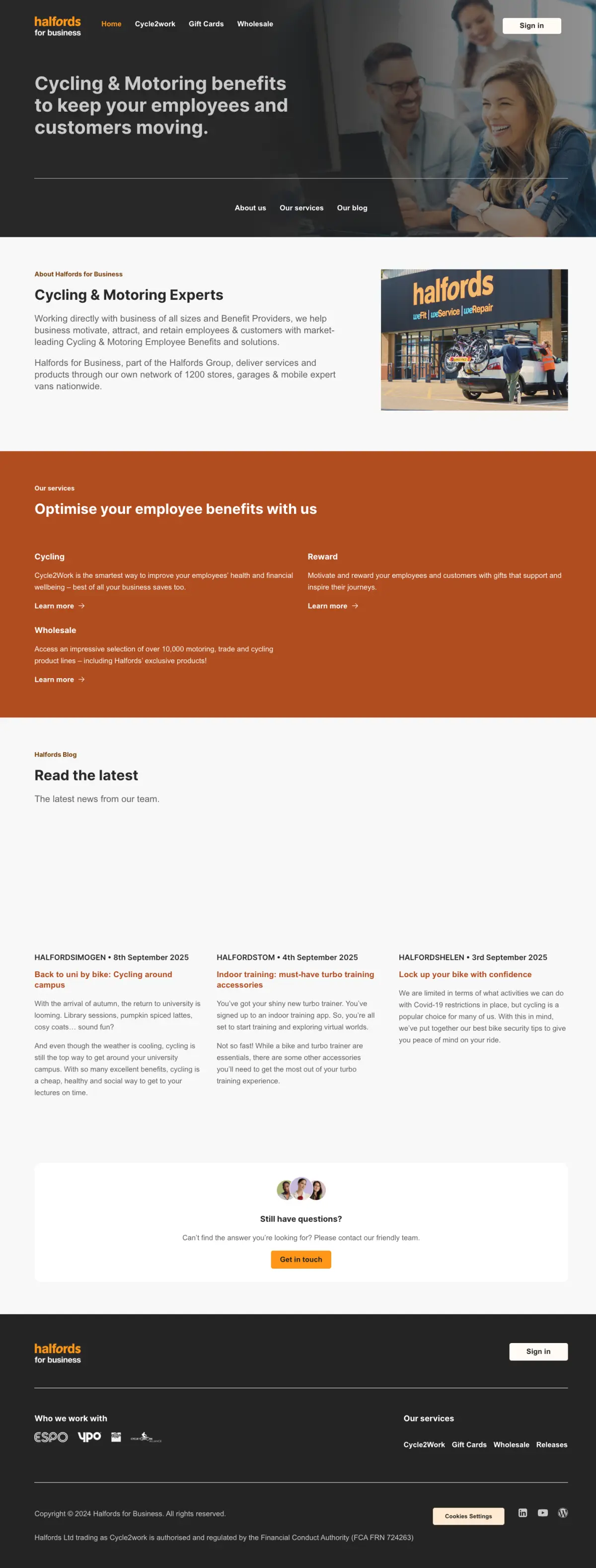 The full Halfords for Business homepage, from the benefits hero to the footer