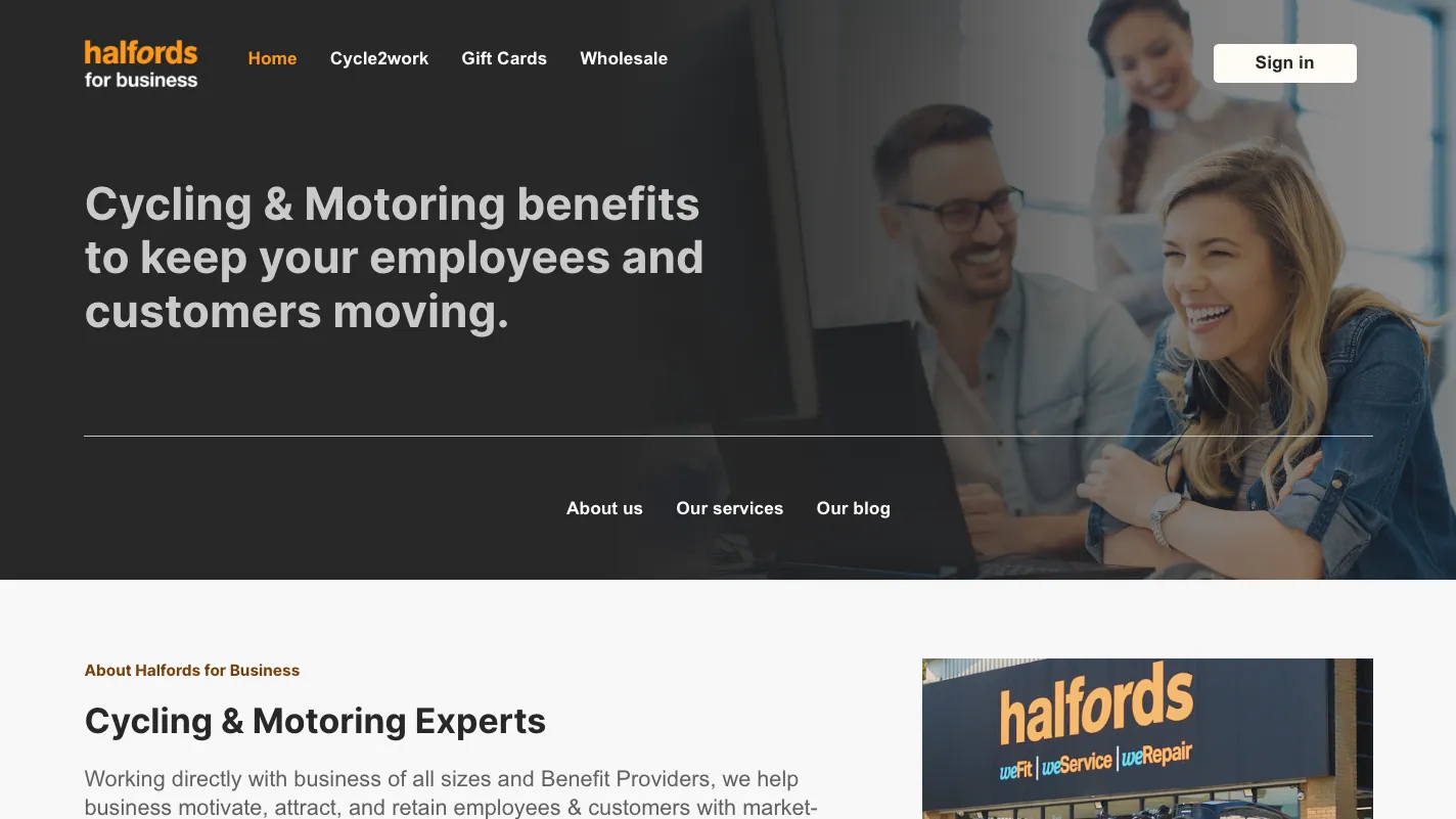 Halfords for Business homepage offering cycling and motoring benefits for employees
