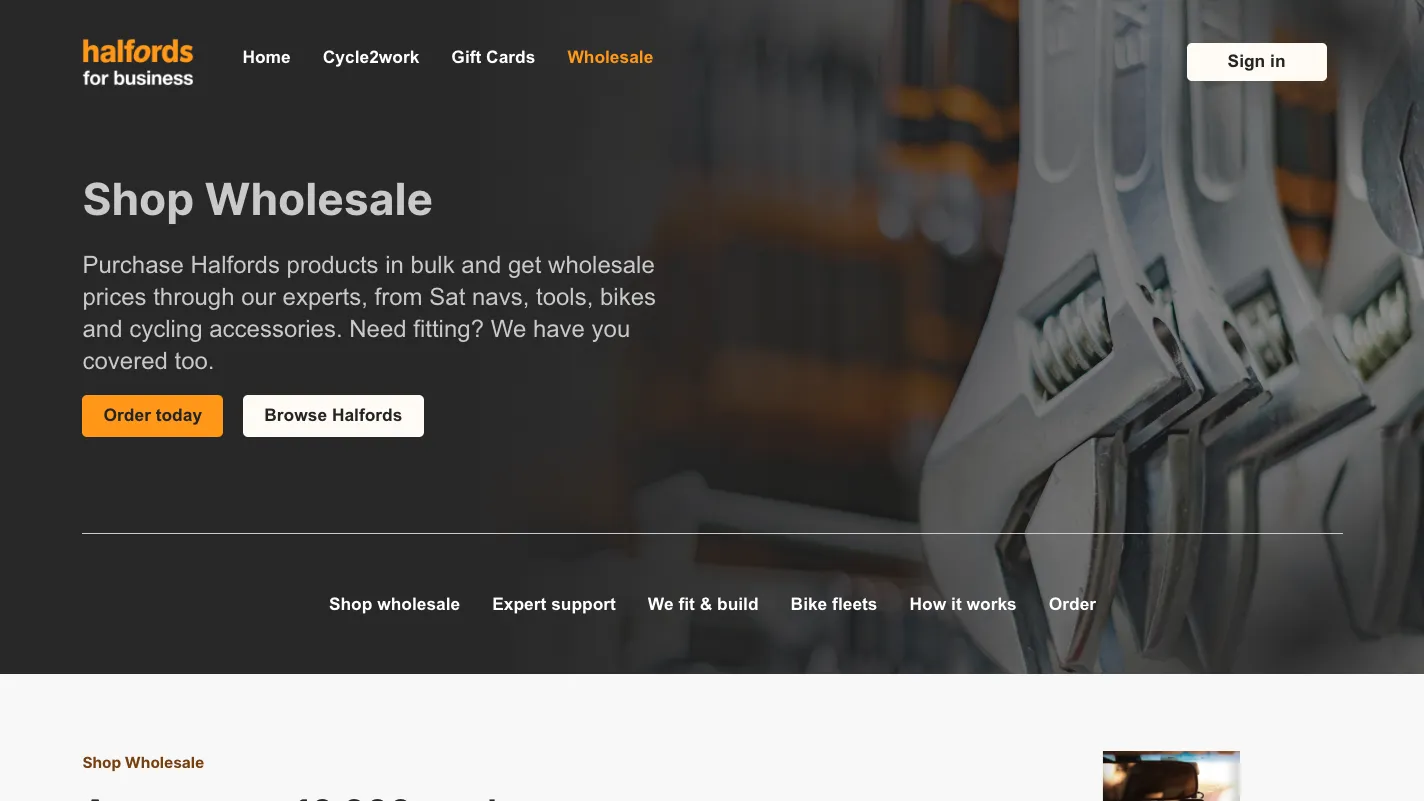 Halfords for Business wholesale page for ordering products in bulk