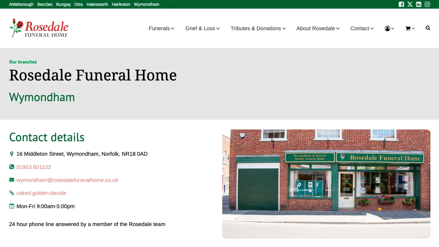 Rosedale Funeral Home Wymondham branch page with address, phone number and opening hours