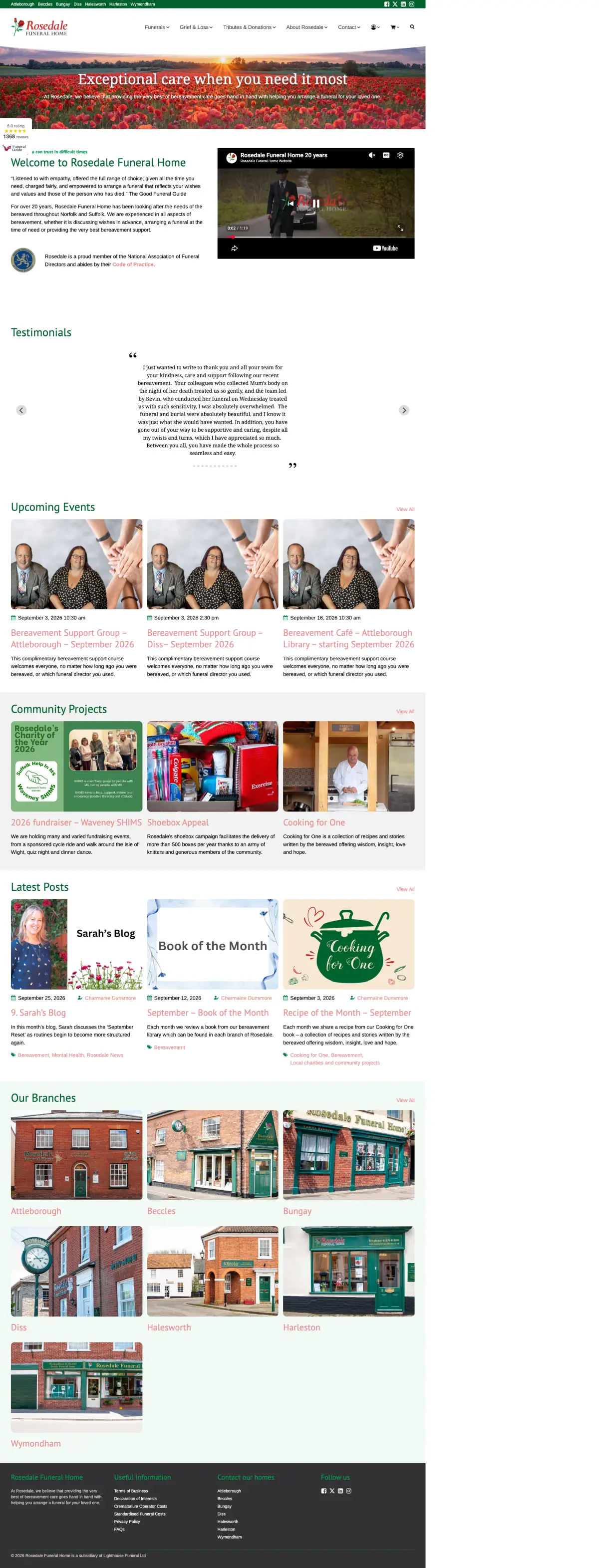 The full Rosedale Funeral Home homepage: welcome, testimonials, events, community projects, blog and the seven branches