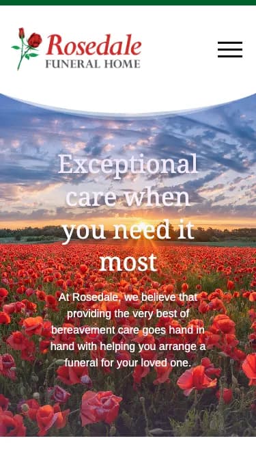 Rosedale Funeral Home homepage on a phone